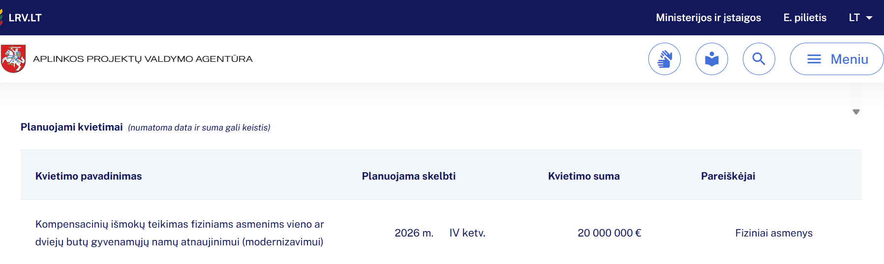 APVA planuojamų kvietimų lentelė: kompensacinių išmokų teikimas fiziniams asmenims vieno ar dviejų butų gyvenamųjų namų atnaujinimui, 2026 m. IV ketv., 20 000 000 EUR