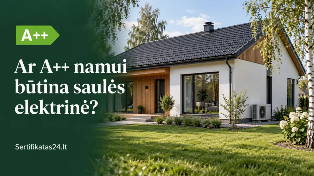 A++ energinio naudingumo klasės namas su šiluminiu siurbliu, be saulės elektrinės ant stogo