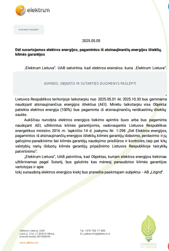 Elektrum raštas dėl žaliosios elektros kilmės garantijos: 100 % elektros pagaminta iš saulės